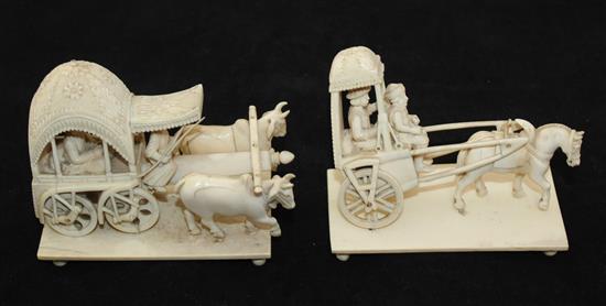 Three Indian Company School ivory groups and four graduated ivory elephant figures, 19th / early 20th century, 3.3cm - 16cm